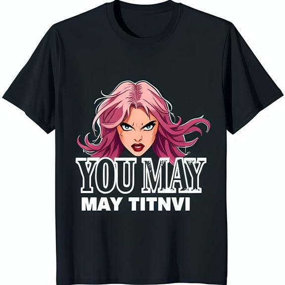 Anime Inspired Dark Blue T-Shirt with Pink Haired Woman & Bold Text Design
