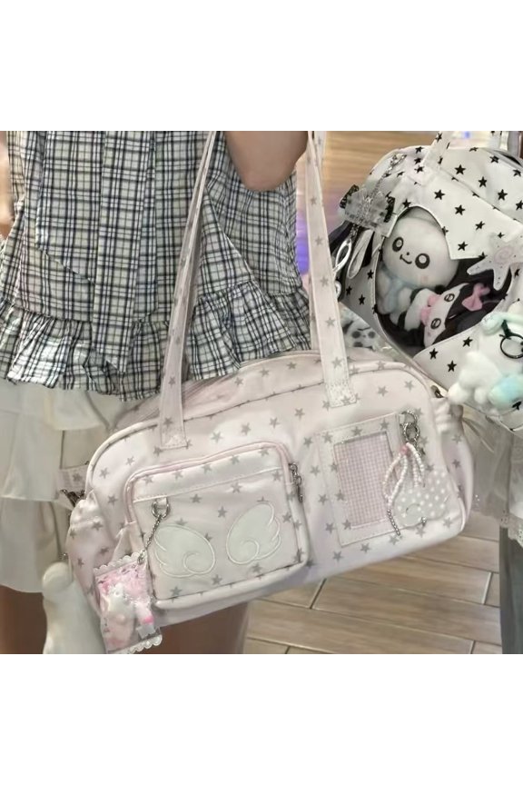 Anime Ita Bag for Angel Theme, Display Window Tote Bag with Crossbody Strap, White Nylon Horizontal Square Bag for Convention, Cosplay, and Daily Kawaii Style