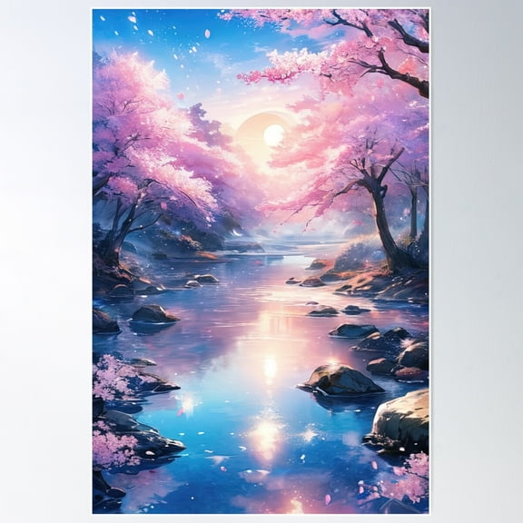 Anime Japanese River With Pink Trees Landscape Poster Wall Art, Modern Wall Decor For Living Room Bedroom, 8x12 UNFRAMED
