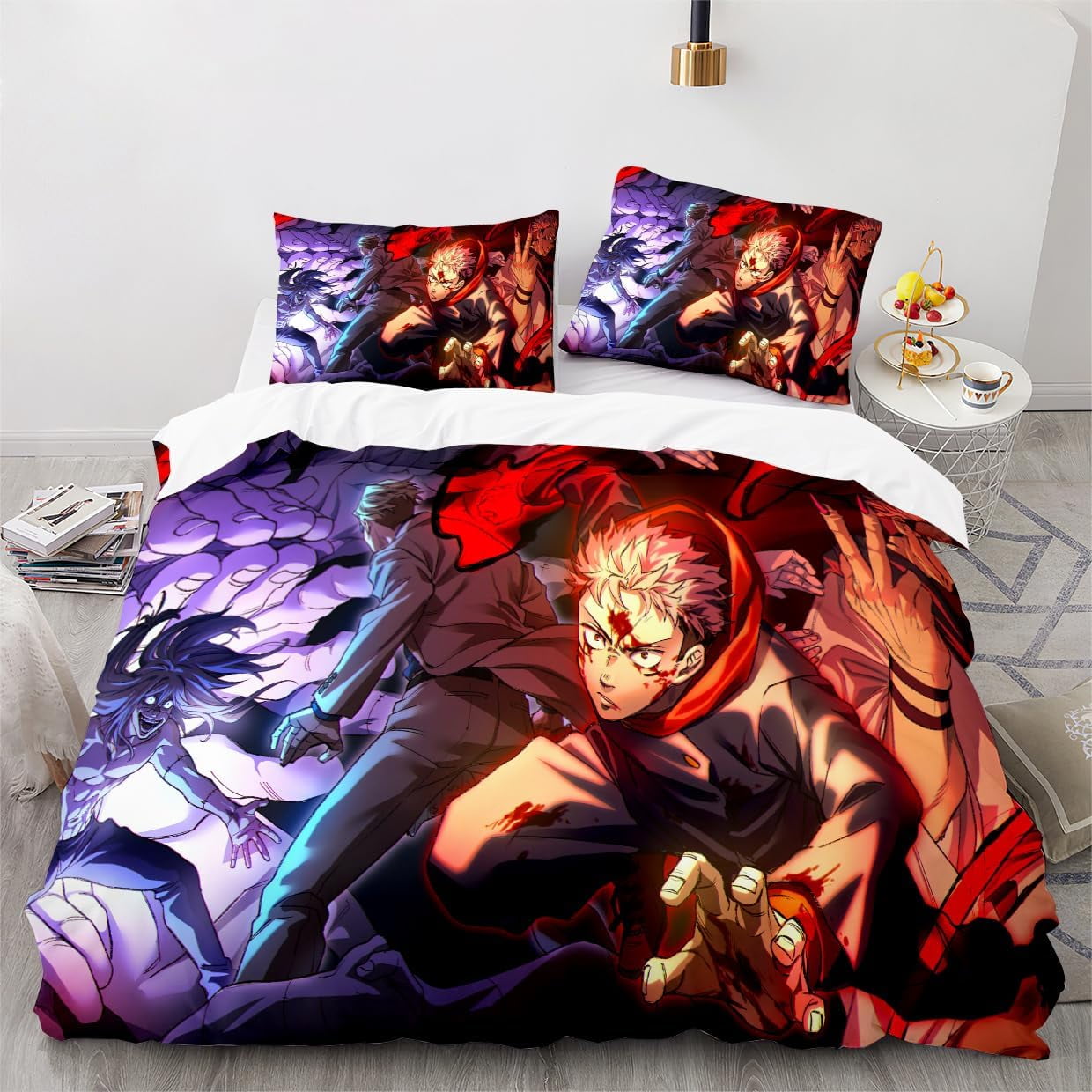 Anime Jujutsu Kaisen Duvet Cover Bedding Set,3D Anime Soft Comfortable Quilt Cover Twin Full Queen King Size with Pillowcases (Color 1, Twin)