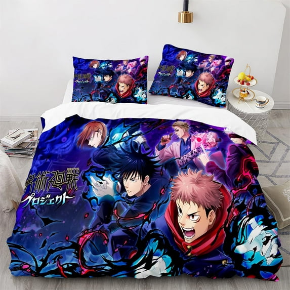 Anime Jujutsu Kaisen Duvet Cover Bedding Set,3D Anime Soft Comfortable Quilt Cover Twin Full Queen King Size with Pillowcases (Color 1, Twin)