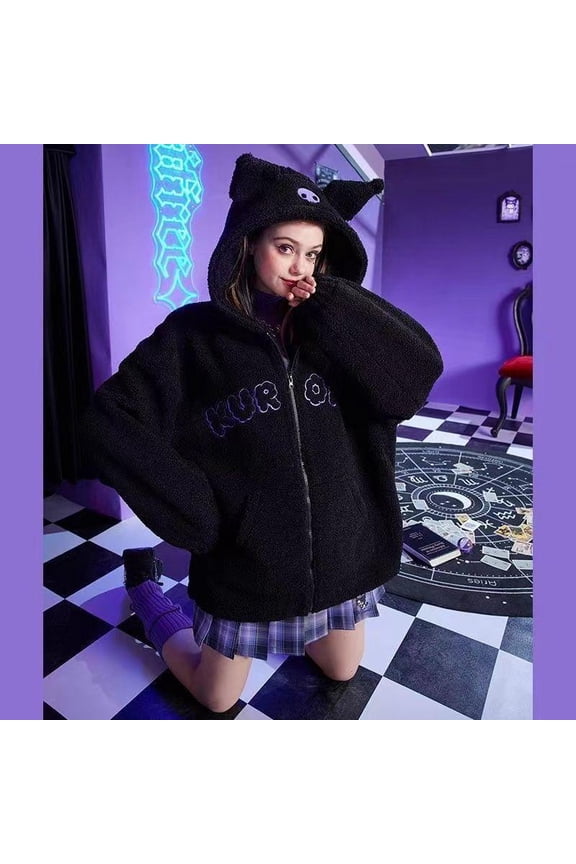 Anime Kawaii Y2K Cartoon Kuromi Hoodies Women Embroidery Clothes Sanrio Autumn Winter Thickened Warmth Coat Tops Casual Loose