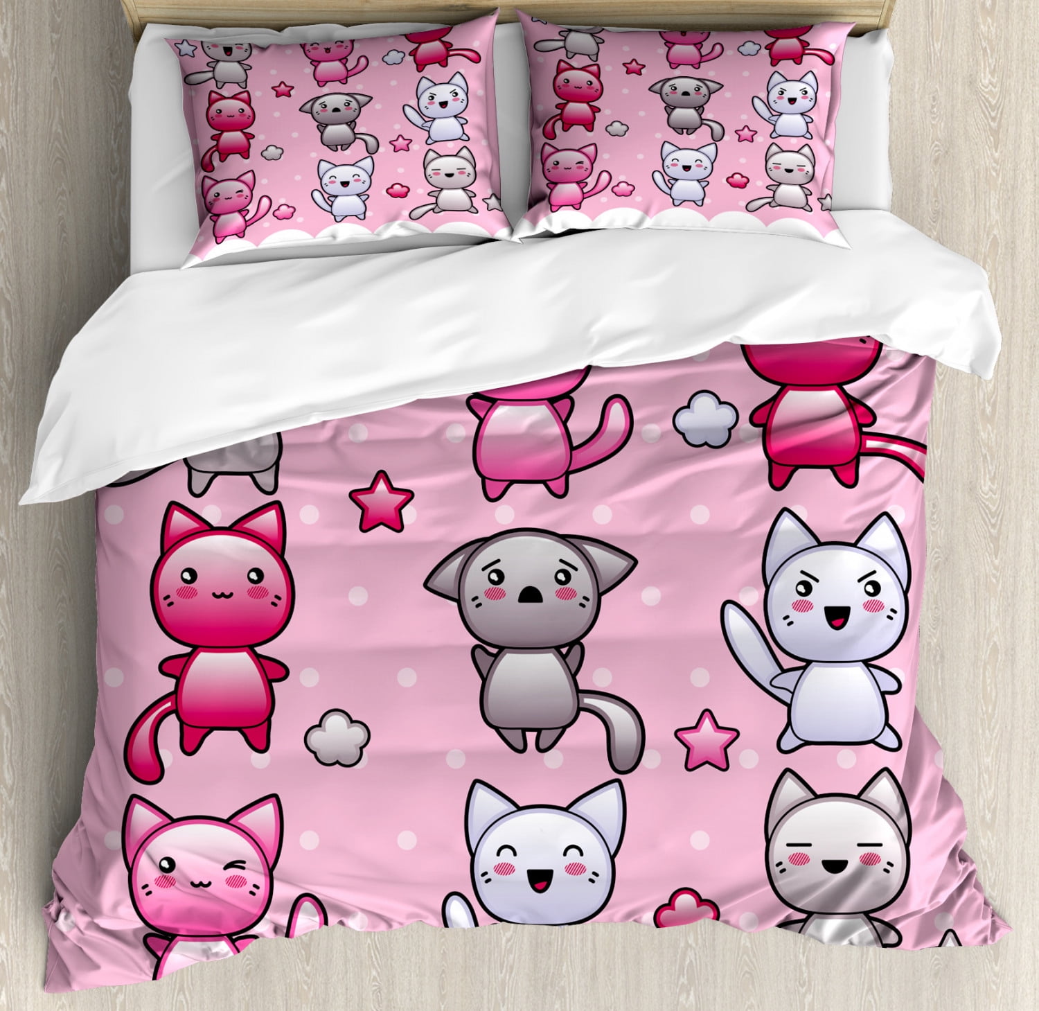Pink Anime Kitty King Duvet Cover Set with Pillow Shams