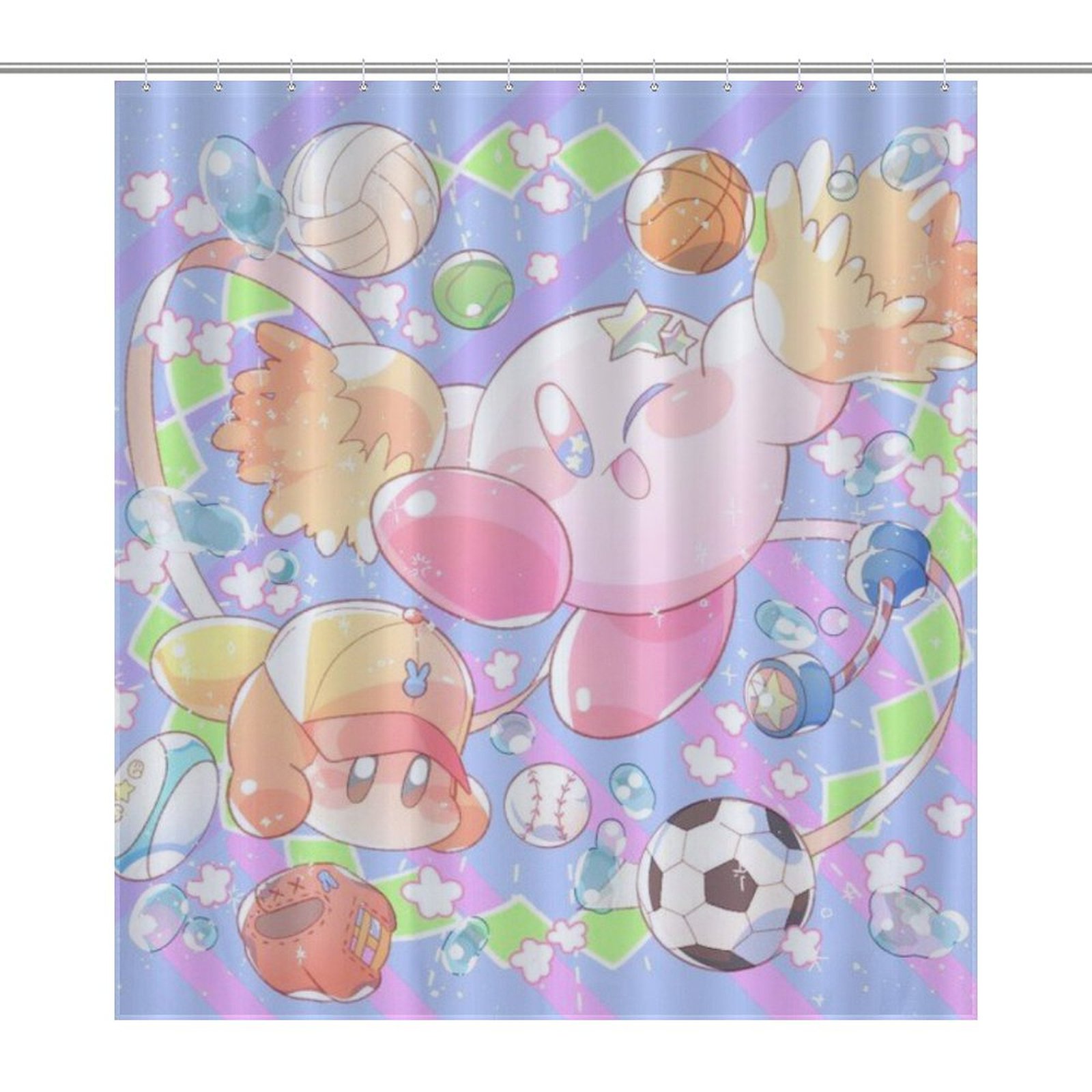 Anime Kirby Shower Curtain Cute Fun Cartoon Design with 12 Pcs Hooks
