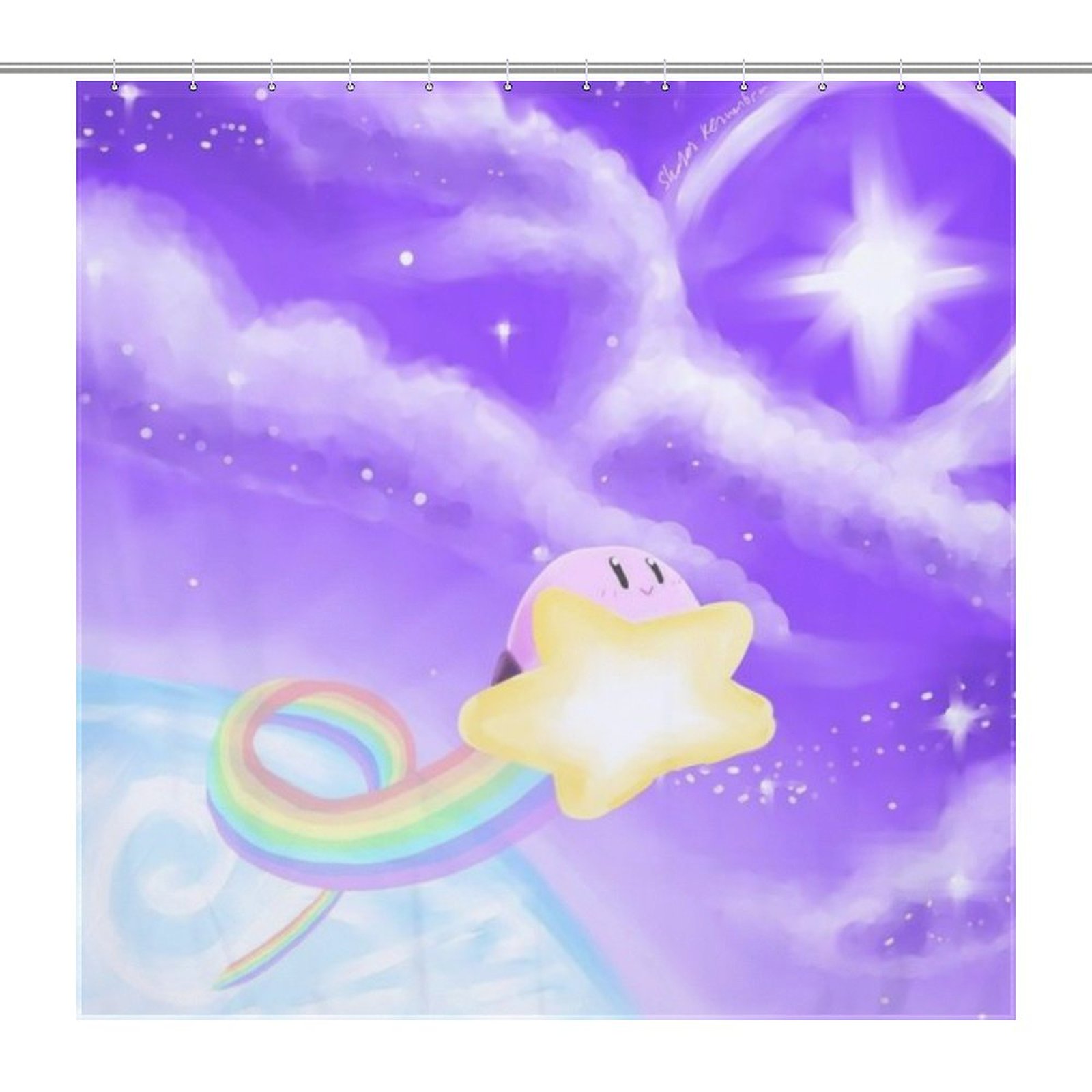 Anime Kirby Shower Curtain Cute Fun Cartoon Design with 12 Pcs Hooks