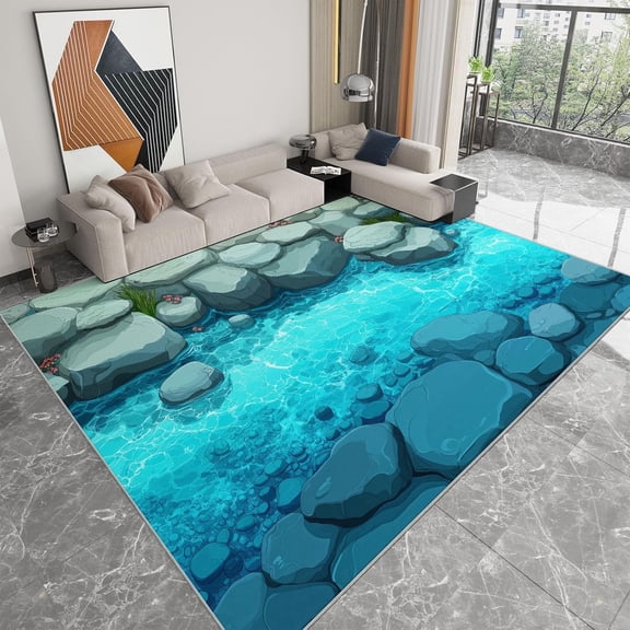 Anime Lake Area Rugs, Cartoon Azure Lake Stone Geometric Carpet, Washable Non Slip Low Pile Soft Rug for Living Room Bedroom Playroom Decor Mat 5x7ft
