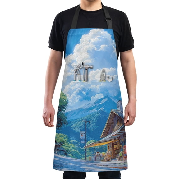 Anime Landscape Painting Chef Kitchen Apron with Pockets for Women Waterproof Aprons for Cooking Baking