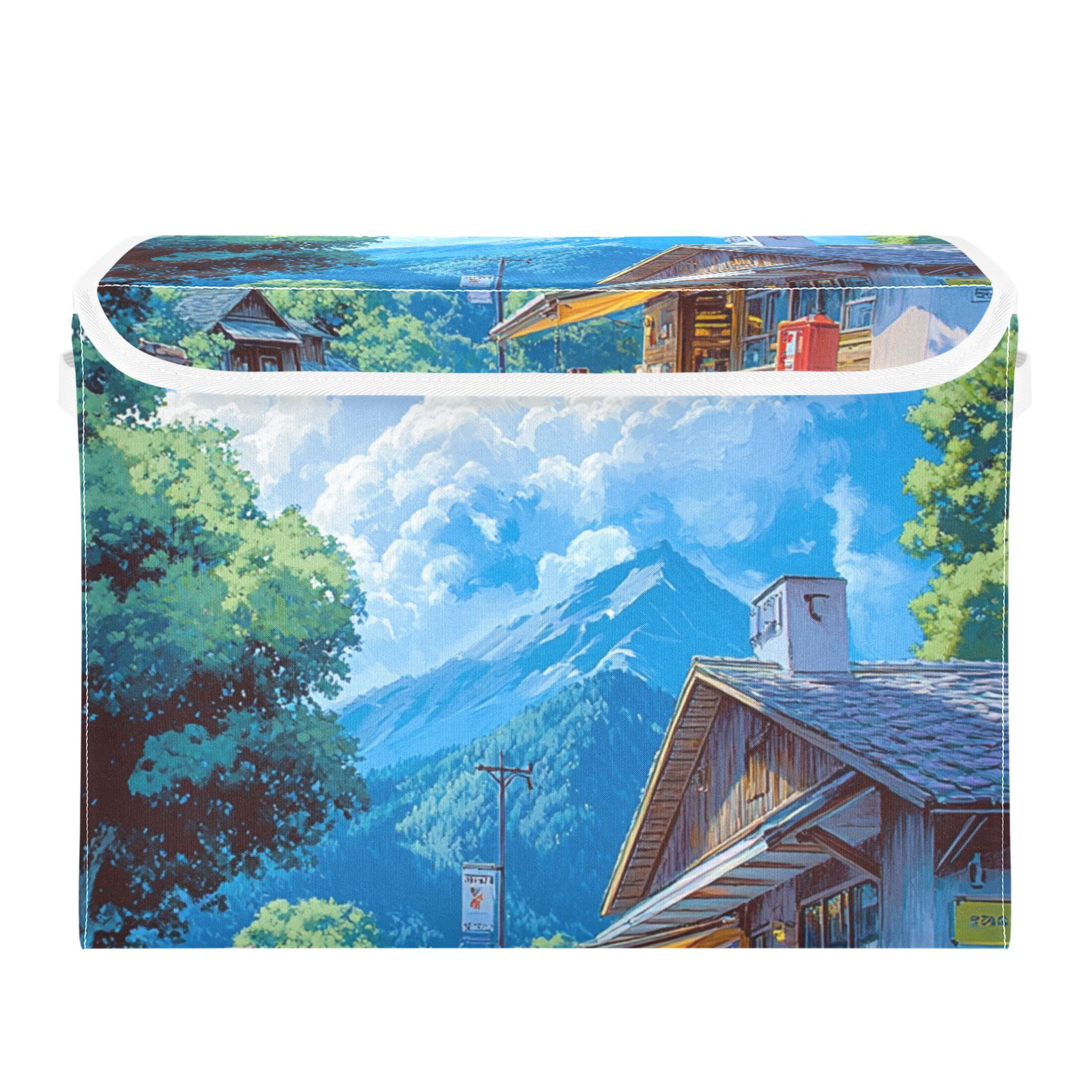 Anime Landscape Painting Large Storage Bins with Linen Collapsible Lid ...