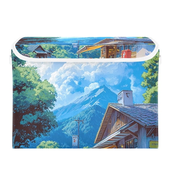 Anime Landscape Painting Large Storage Bins with Linen Collapsible Lid Storage Box 16.7 x 12.6 x 11.8in