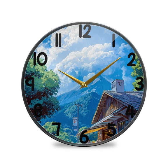 Anime Landscape Painting Round Acrylic Wall Clock Silent Battery Operated Home Decor for Living Room Bedroom