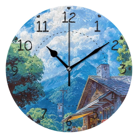 Anime Landscape Painting Round Wall Clock Silent Battery Operated Home Decor for Living Room Bedroom