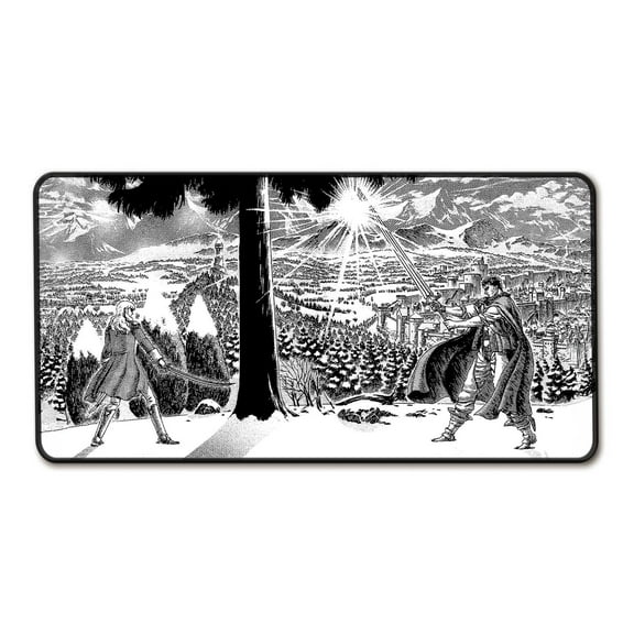 Anime Line Art Mousepad, Extra Large Desk Mat with Monochrome Battle Scene Design, Anti-Slip Rubber Base