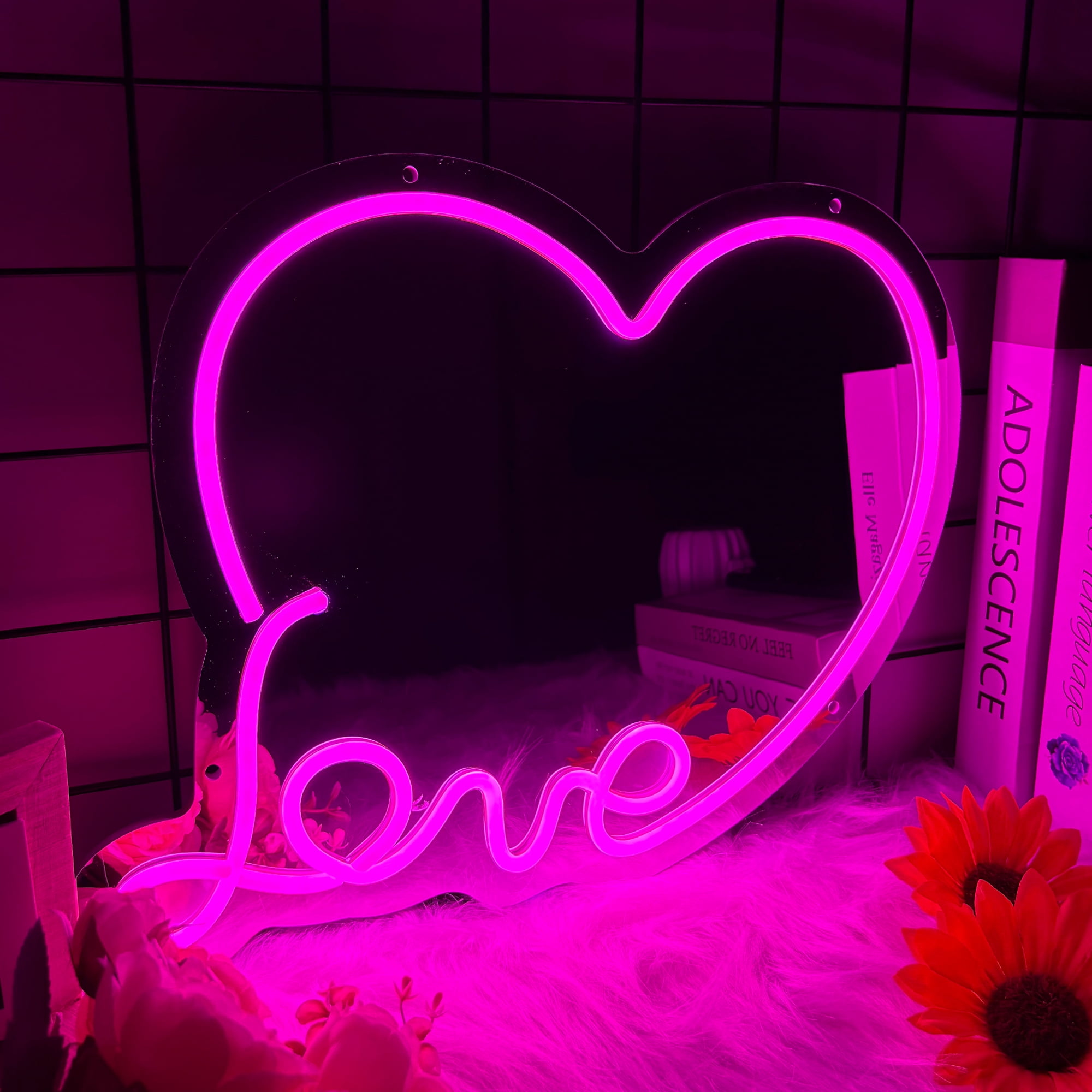 Anime Love Mirror with Light Neon Signs for Wall Decor, Neon Mirror with Dimmable for Teen Girls Gift，Makeup Mirror Neon Signs Cute Acrylic Mirror for Girls Room