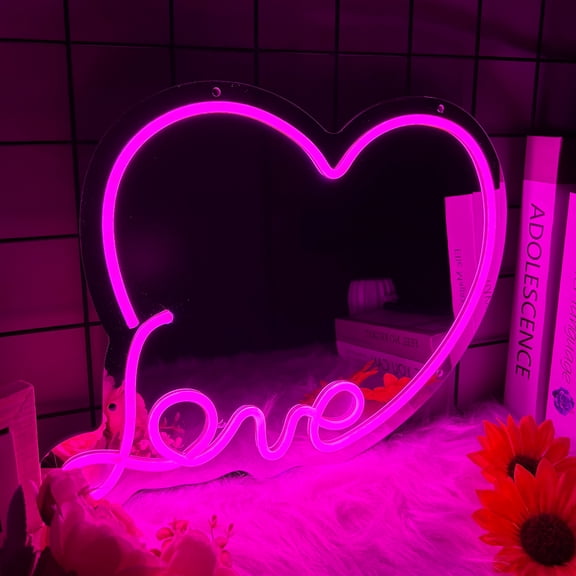 Anime Love Mirror with Light Neon Signs for Wall Decor, Neon Mirror with Dimmable for Teen Girls Gift,Makeup Mirror Neon Signs Cute Acrylic Mirror for Girls Room