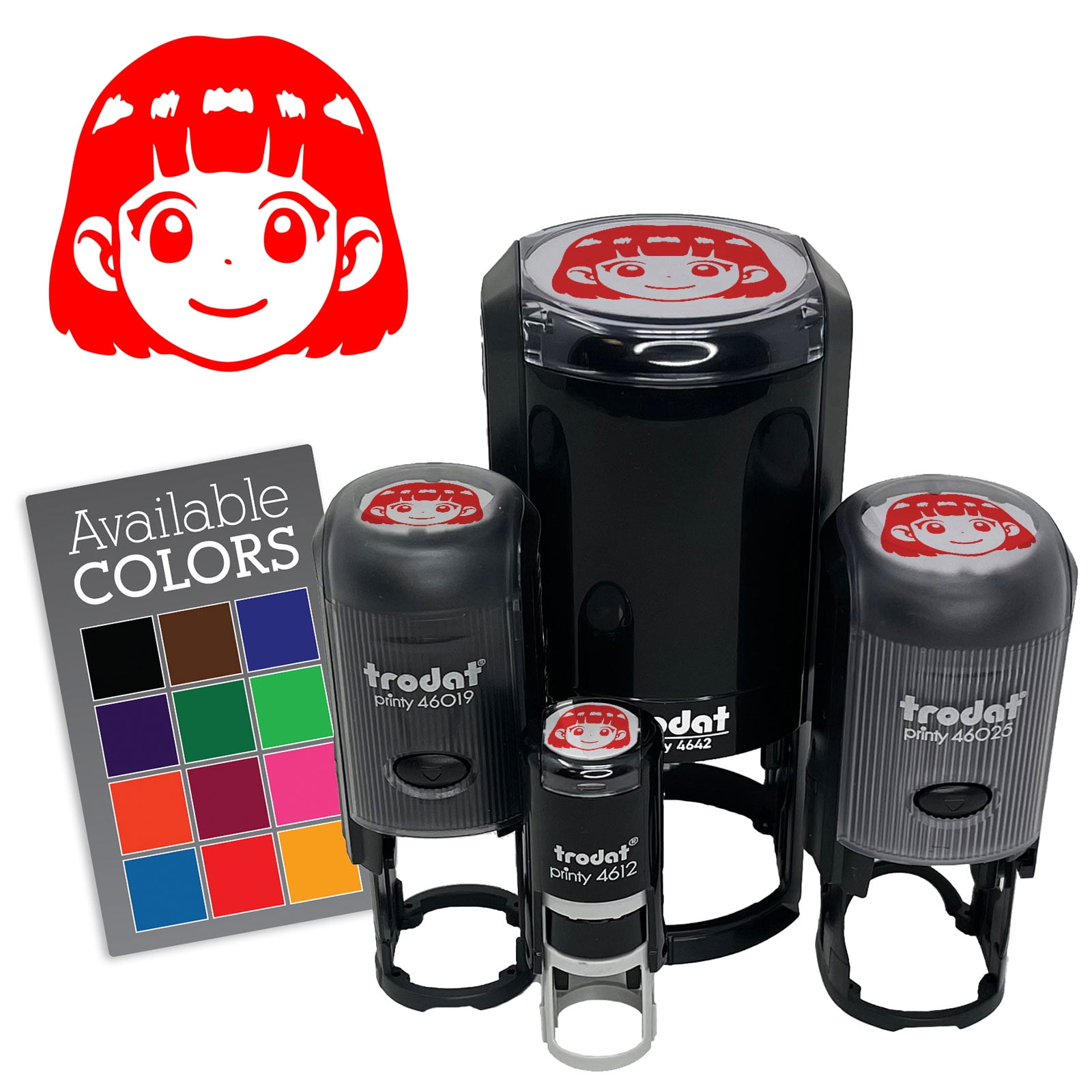 Anime Manga Girl Smile Cute Self-Inking Rubber Stamp for Stamping Ink Stamper Crafting Planners - 1-1/2 Inch Large - Red Ink