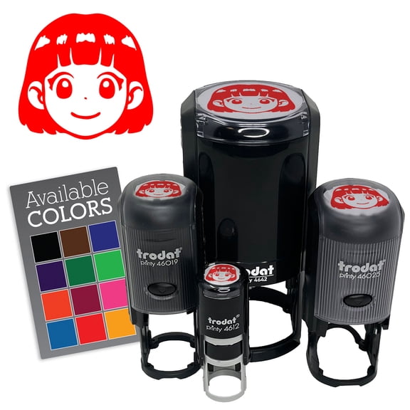 Anime Manga Girl Smile Cute Self-Inking Rubber Stamp for Stamping Ink Stamper Crafting Planners - 3/4 Inch Small - Orange Ink
