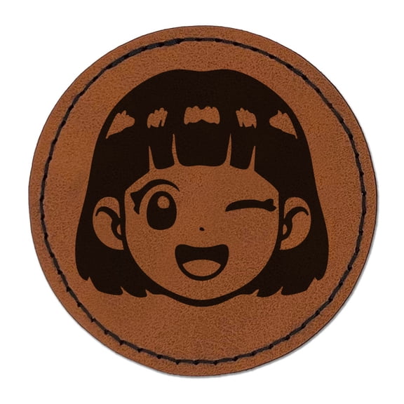 Anime Manga Girl Wink Happy Cute Round Iron-On Engraved Faux Leather Patch Applique - 2.5 Inch - Brown