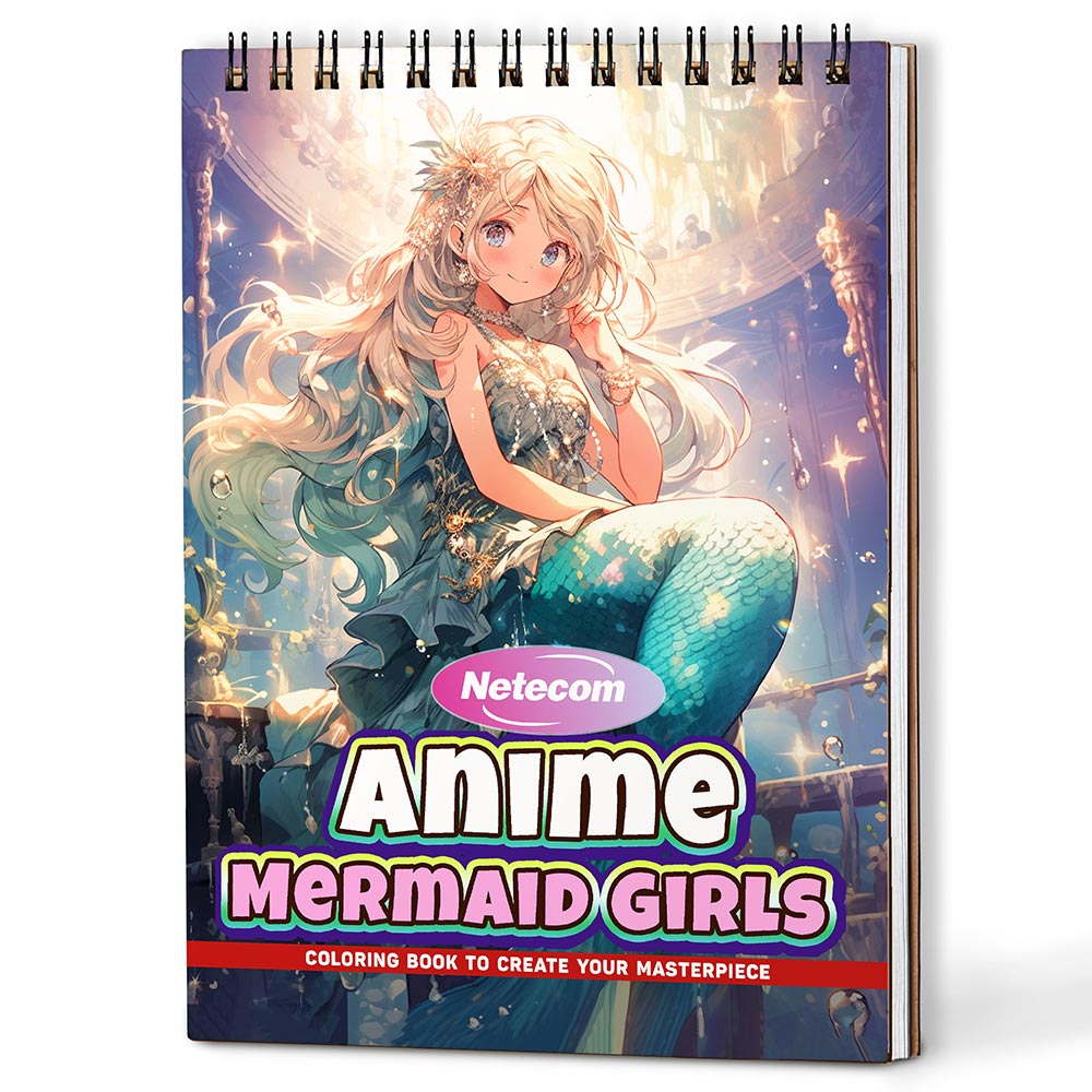 Anime Mermaid Girls Coloring Book Spiral Bound For Adults, A5 Wooden Cover, 30 Beautiful Coloring Pages of Underwater Girls Scenes for Stress Relief and Relaxation