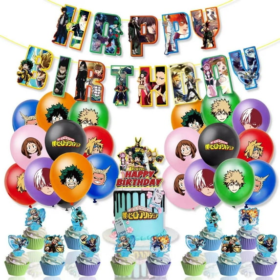 Anime My Hero Academia Theme Birthday Party Decorate Supplies Set, Balloons Banner Cake Toppers