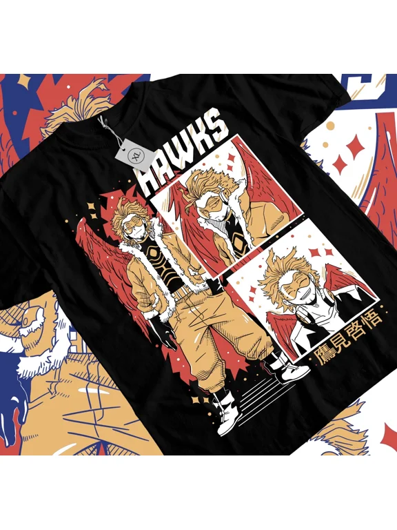 Anime My Hero Academia Wing Hero Hawks Blocks Graphic Black T-Shirt Size S-5XL