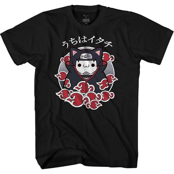 Anime Naruto Akatsuki Chibi Cat Itachi Anime T-Shirt - Black Adult Unisex Tee in Cute Chibi Cat Style, 2X-Large
