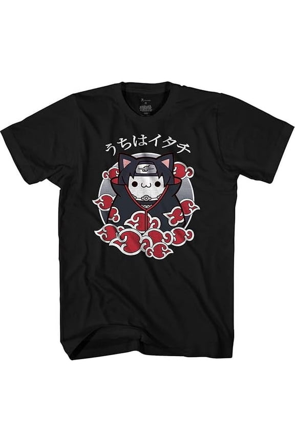 Anime Naruto Akatsuki Chibi Cat Itachi Anime T-Shirt - Black Adult Unisex Tee in Cute Chibi Cat Style, 2X-Large