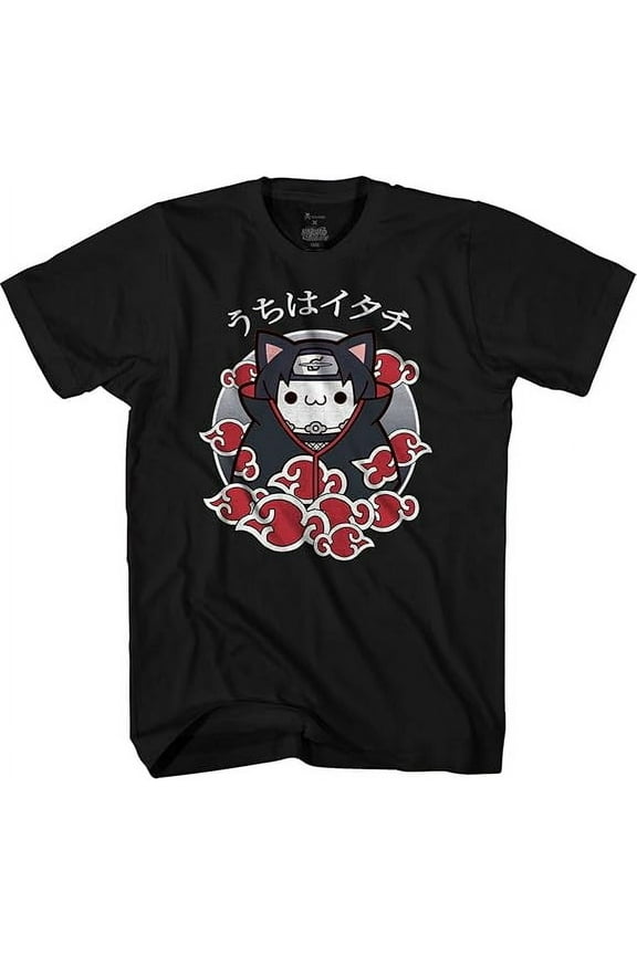Anime Naruto Akatsuki Chibi Cat Itachi Anime T-Shirt - Black Adult Unisex Tee in Cute Chibi Cat Style, Small