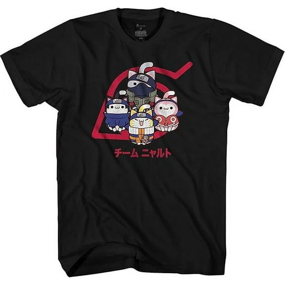 Anime Naruto Chibi Cat Team Naruto T-Shirt – Black Adult Unisex Tee Featuring Naruto, Sasuke, and Sakura in Cute Chibi Cat Style, Small