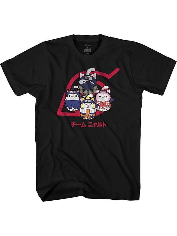Anime Naruto Chibi Cat Team Naruto T-Shirt – Black Adult Unisex Tee Featuring Naruto, Sasuke, and Sakura in Cute Chibi Cat Style, X-Large
