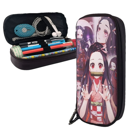 Anime Nezuko Kamado Pencil Case Leather Holder Office Buggy Pouch Zipper Pen Stationery Bags