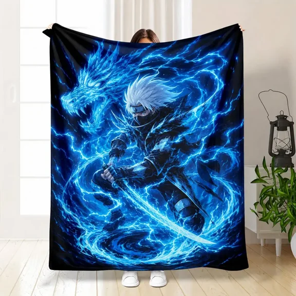 Anime Ninja Dragon Flannel Throw Blanket, Fantasy Warrior Soft Fleece Blanket, Cozy Gaming Bedroom Decor Gift for Anime Fans, Couch Bed Blanket