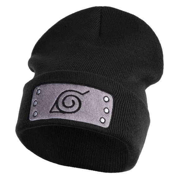 Anime Ninja Headband Embroidered 12" Long Knitted Beanie - Black OSFM