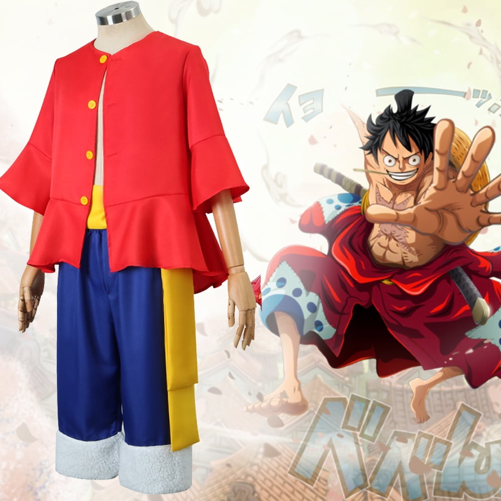 Anime ONE PIECE Monkey D Luffy Kids Cosplay Costumes Red Shirt Short Blue  Pant Halloween Christmas parties Fancy suit