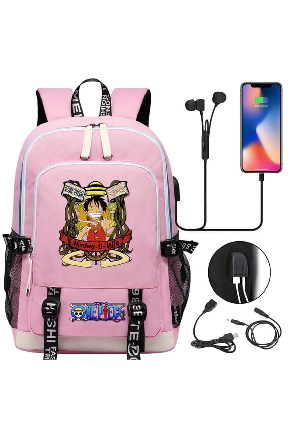 Anime One_Pieces Backpack with USB Charging Port-Student Back to School Canvas Bookbag-Multifunctional Travel Knapsack for Teen