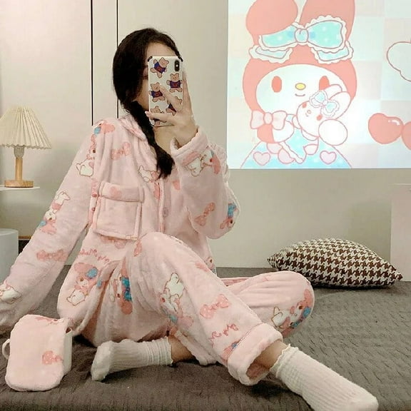 Anime Pajamas Sanrios Hellokitty Mymelody Cinnamoroll Warm Thickened Wearable Cardigan Cotton Large Size Homewear Sets Eyeshade