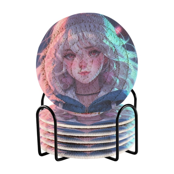 Anime Pretty Girl Drink Coasters with Holder Absorbent Coaster for Coffee Table Room Decor 6 Pack