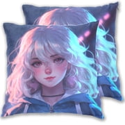Anime Pretty Girl Throw Pillow Covers 16x16 Inch 2 Packs Decorative Square for Living Room Couch Bed Sofa