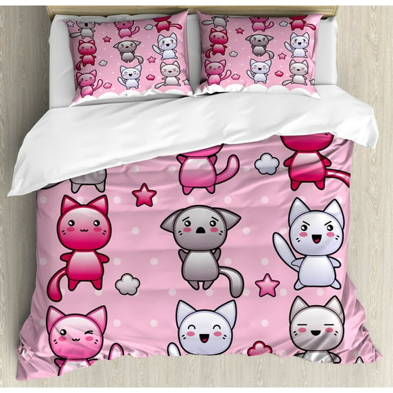 Anime Queen Size Duvet Cover Set, For Kids Cute Kitty Doodles with Emotions Funny Animal Theme Japanese Art Print, Decorative 3 Piece Bedding Set with 2 Pillow Shams, Pink Blue Purple, by Ambesonne