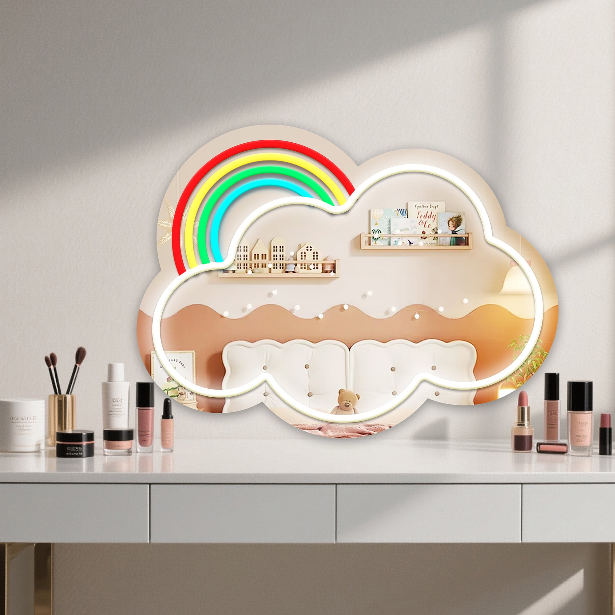 Anime Rainbow Mirror with Light Neon Signs for Locker Room Living Room Girl's Bedroom, Cute Acrylic Mirror with Dimmable for Girl Gifts, Rainbow Wall Mirror