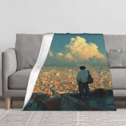 Anime Rainy City Rainbow View Throw Blanket, Japanese Cartoon Aesthetic Fleece Blanket for Sofa Bed, Cozy Ghibli Style Home Decor