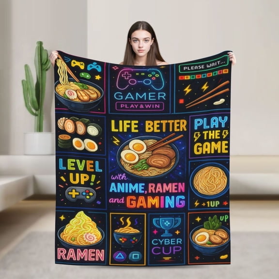 Anime Ramen Gaming Blanket , Anime Ramen Lover Gaming Gifts for Men, Funny Food Game Controller Blankets, Soft Cozy Lightweight Throw Blanket forWomen 50x40
