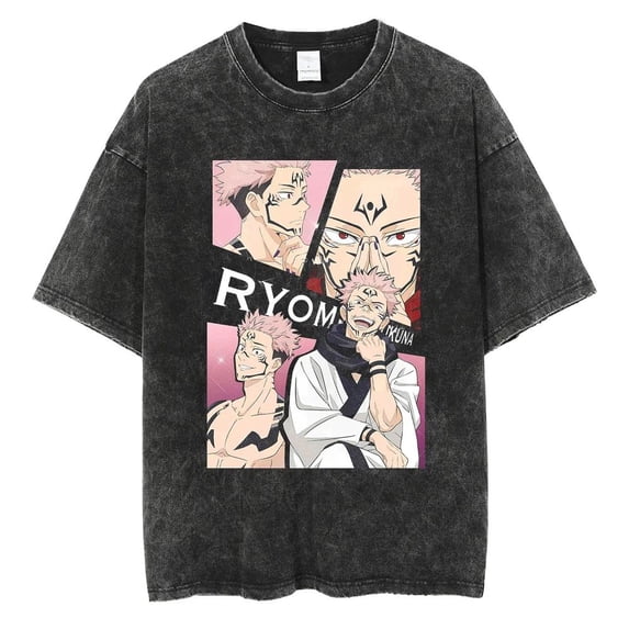 Anime Riomensukuna Short Sleeve Special Shirt Men's and Women's Washed Summer Breathable Loose Black Special Shirt Harajuku