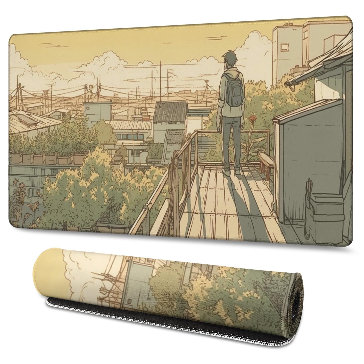 Anime Roof Aesthetic Anime Kawaii Gaming Mouse Mat, Rectangle 3XL Extra Large Mouse Pad 47.3 X 23.6 Inches Non-Slip Rubber Gaming Mouse Pad with Stitched EdgesOffice Mouse Pad for Women Men Kids