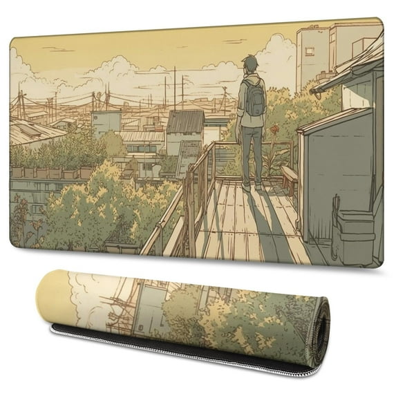 Anime Roof Aesthetic Anime Kawaii Gaming Mouse Mat, Rectangle 3XL Extra Large Mouse Pad 47.3 X 23.6 Inches Non-Slip Rubber Gaming Mouse Pad with Stitched EdgesOffice Mouse Pad for Women Men Kids