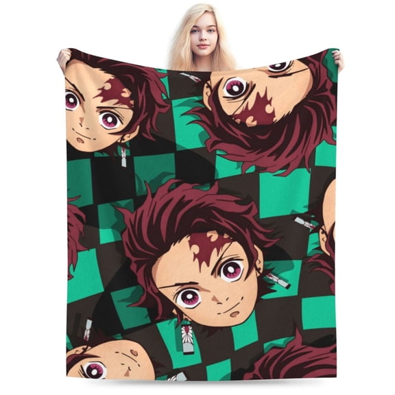 Anime Samurai Head Grid Print Flannel Throw Blanket, Soft Cozy Geometric Check Pattern Bed Blanket