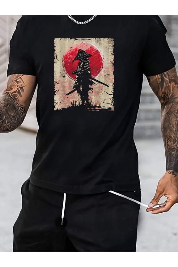 Anime Samurai Pattern Men's Casual Cotton Comfy Short Sleeve Crew Neck T-shirt, Summer Outdoor
