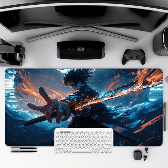 Anime Samurai Warrior Flame Sword Mouse Pad 35.4 x 15.8 Inches Rubber Desk Mat for Office Gaming Workstation