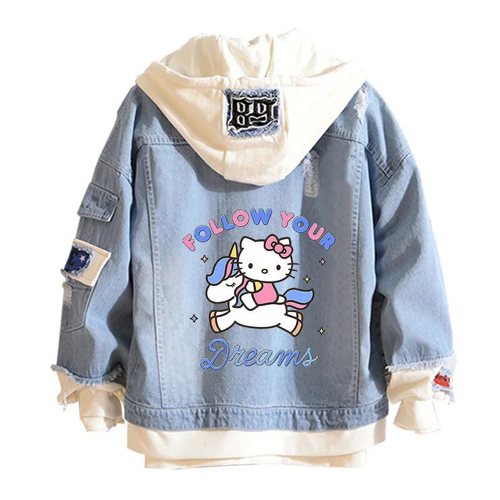 Anime Sanrio Denim Bomber Jacket Hello Kitty Hooded Jeans