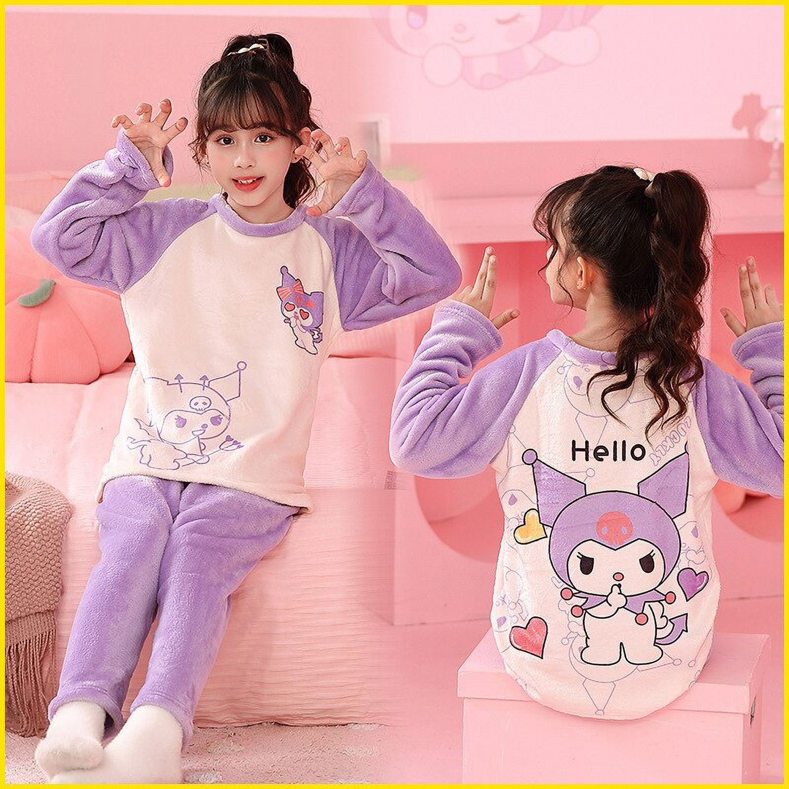 Anime Sanrio Hello Kitty Girls Pajamas Kuromi My Melody Coral Velvet ...