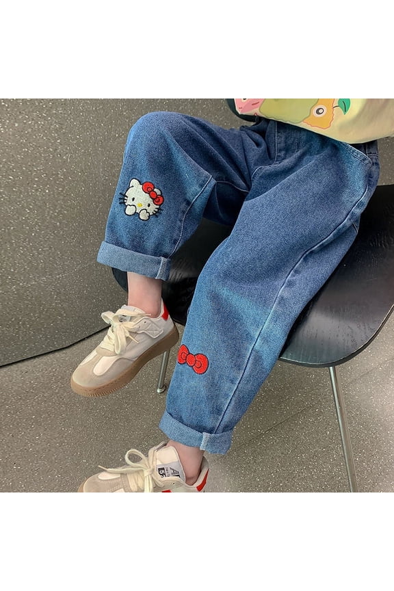 Anime Sanrio Kawaii Kuromi Hello Kitty Jeans Pants Cartoon Fashion Straight Elastic Waist Denim Trousers Casual Jeans
